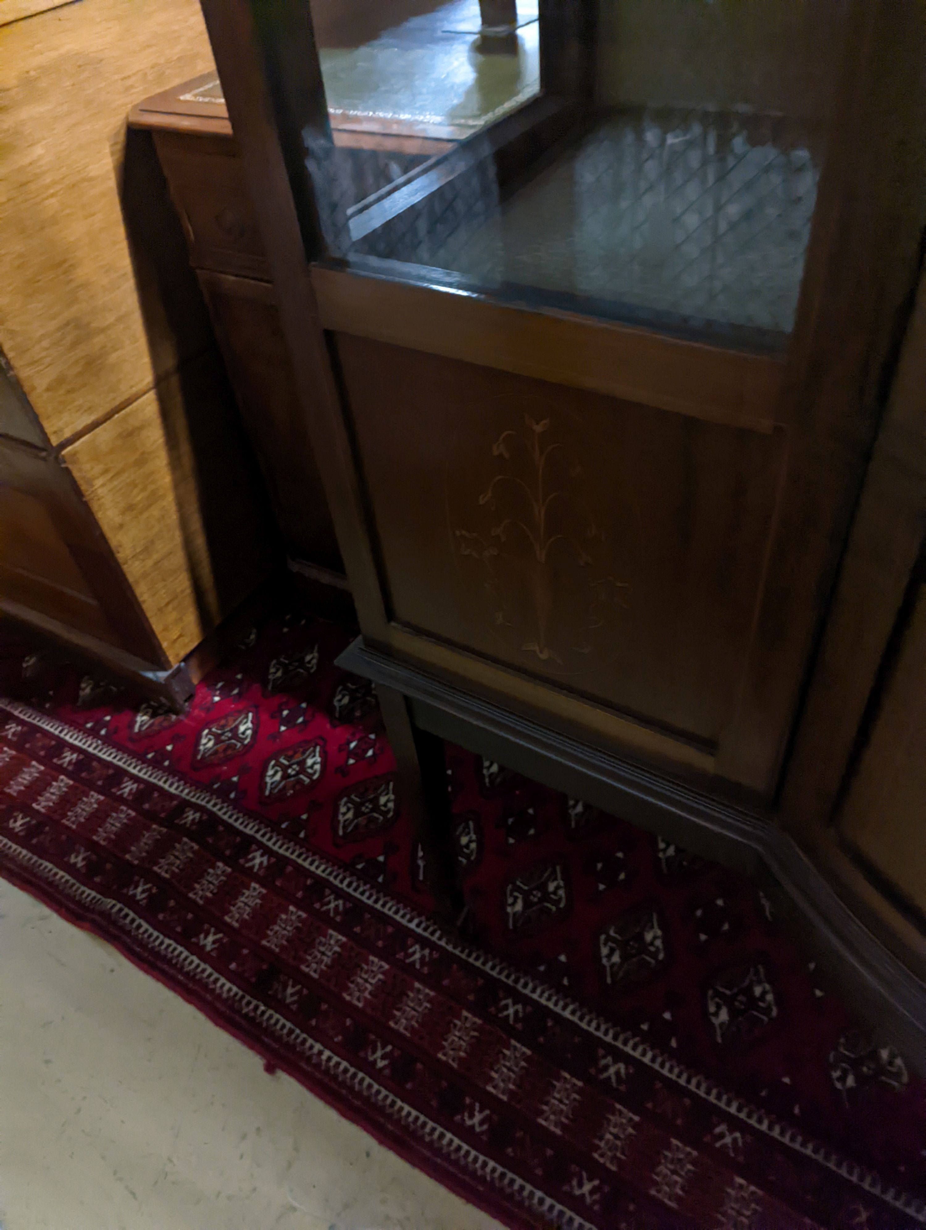 An Edwardian inlaid mahogany bow front display cabinet, width 122cm, depth 48cm, height 196cm